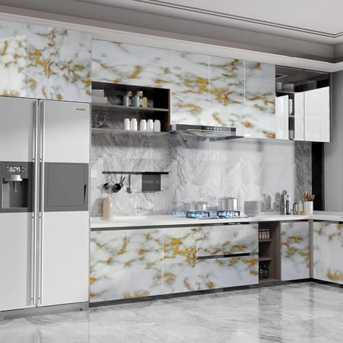 Image of KBR Wall Sticker Oil Proof and Waterproof, Kitchen Backsplash Premium Gold White Stickers Wallpaper for Hotel, Living Room, Bedroom & Cafe Walls (60cm x 200cm, Pack of 1)
