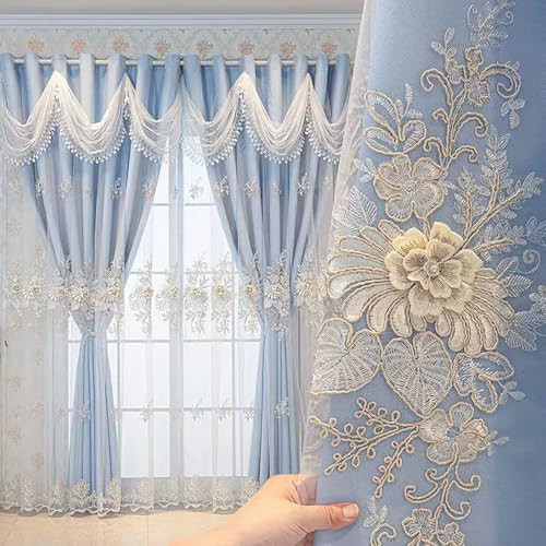 Rideaux brodés double couche avec cantonnière ondulée pour salon ou chambre à coucher