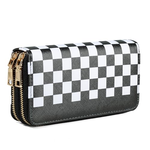 Women's Checkered Wallet, Large Capacity Highland Purse, 2 Zippers Card Cases and Money Organizers for Ladies (Grid Black)