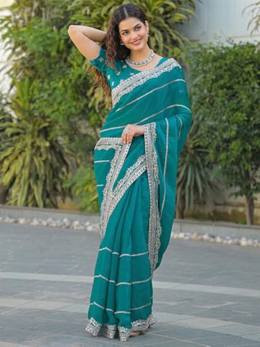 Image of Satrani Women's Shimmer Chiffon Scalloped Border Sequins Embroidery Saree with Unstitched Blouse Piece