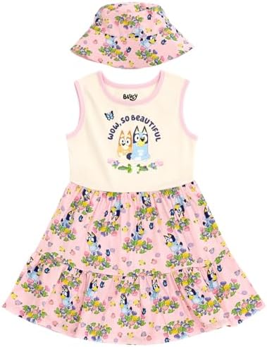 Bluey Floral Girls Dress and Bucket Sun Hat Toddler to Big Kid