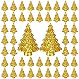 Soulchen 50 Pcs Mini Christmas Tree Figurines Gold Resin Miniature Christmas Statue Micro Tabletop Mantel Shelf Centerpieces Garden Landscape Dollhouse Cake Decoration DIY Craft Charms for Party Gift