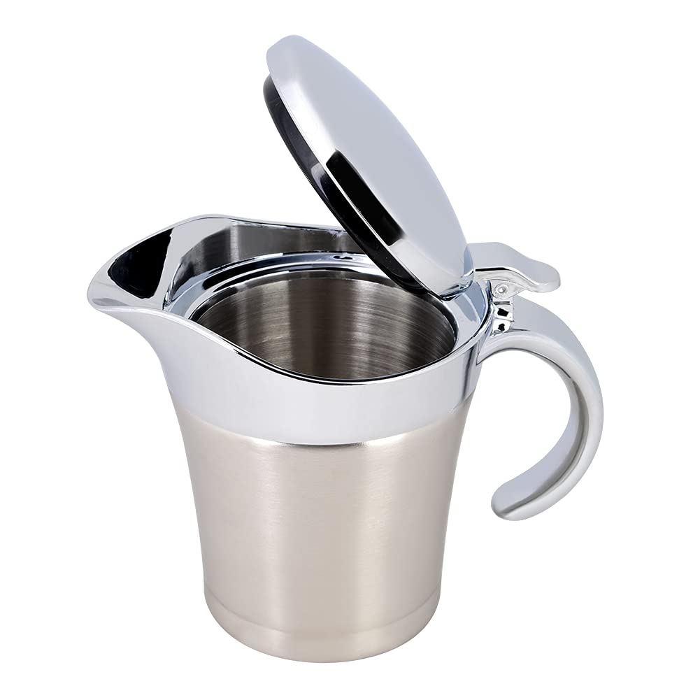 Salsiera in Acciaio Inox con Isolamento Termico a Doppia Parete Salsa Salsiera Tavolo da Pranzo Caraffa con Coperchio Salsa Ideale Pentola per Sugo, Panna, Crema Pasticcera(Small 450ml)