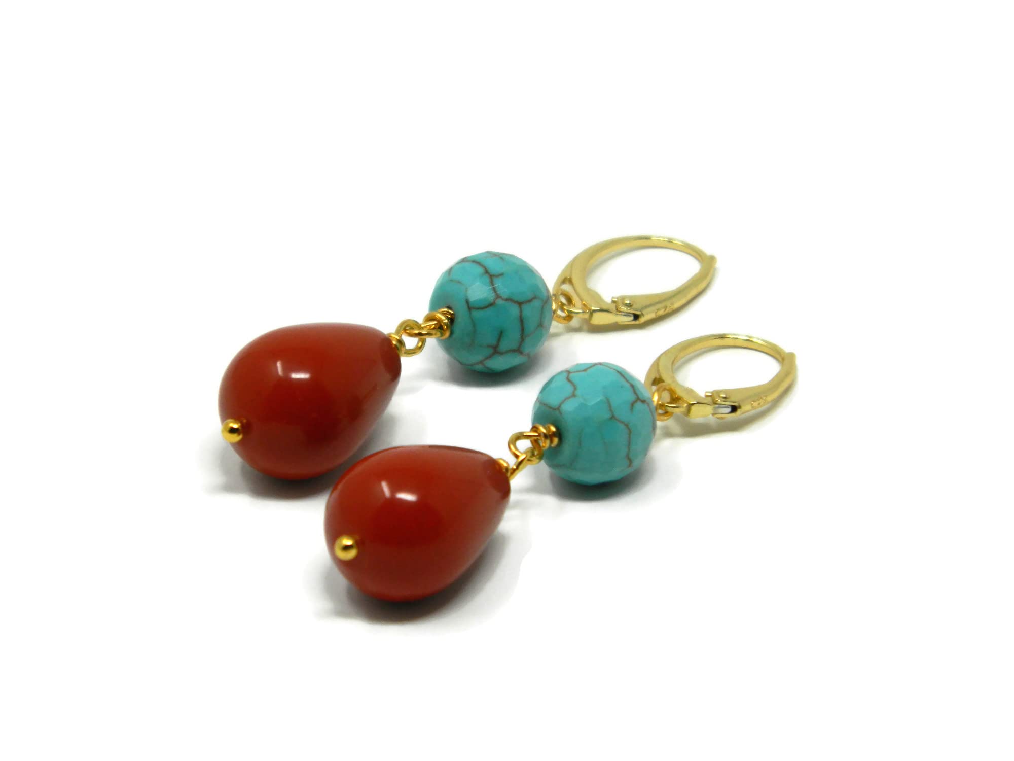 Orecchini Pendenti Donna con Pietra Aulite Turchese e Goccia in Pasta di Corallo Rosso Sardegna – Argento 925 Placcato Oro Giallo – Handmade Made in Italy – Nickel Free - DodiGioielli