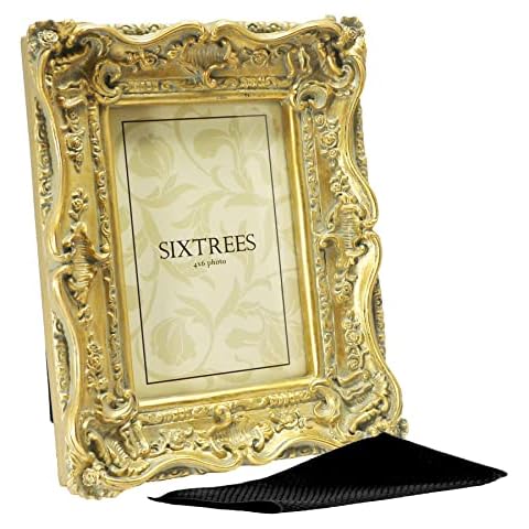 Sixtrees Chelsea 5-250-46 Ornate Vintage Swept Shabby Chic Gold 6x4 inch Photo frame - with Microfibre glass cleaning cloth Cover