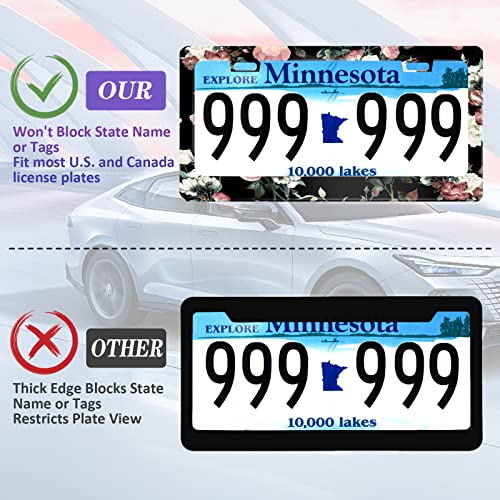 Vintage Pink And Cream Dark Floral Aluminum Metal License Plate Frame Tag With Chrome Screw Caps - Car License Plate Covers For Us Vehicles #TOP1