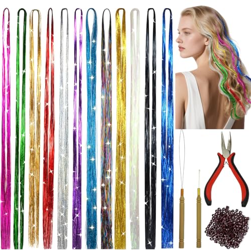 Haar Lametta Kit Werkzeugen 47 Zoll 12 Farben 2400 Strähnen Glitzer Haarteilen Hochwertiger Flechten Haar für Partys,Karneval,Geburtstagsfeier
