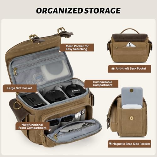 Image of RAINSMORE Camera Bag, Vintage Canvas Camera Sling Bag Crossbody Camera Case | Water-resistant DSLR SLR Mirrorless Camera Bag for Photographer with Rain Cover & Tripod Holder for Sony Canon Nikon Fujifilm