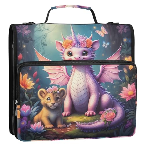 ジッパーバインダーオーガナイザー かわいいドラゴンピンク ユニコーン 1.5インチ バインダー 3リング 高耐久 学生 スクールバインダーバッグ ショルダーストラップポートフォリオ&ケースリングフォルダーホルダー付き