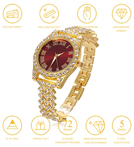 Image of Halukakah Diamonds Gold Watch Iced Out, Kid's 18K Real Gold /Platinum White Gold Plated 36MM Width Green /Blue /Red Dial Quartz Wristband 8 inch with Cuban Link Chain 7 inch+16 inch Bracelet, Free Giftbox