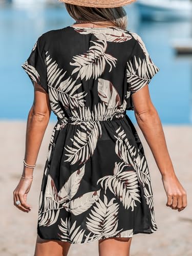 CUPSHE Women's Swimsuit Coverup Casual V Neck Beach Dress Short Sleeve Elastic Waist Swimwear Cover Ups 2025 Beachwear2
