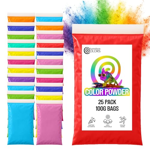 Chameleon Colors 100g Color Powder Packs - 25 Pack - 10 Vibrant Colors in Clear Bags - Non-Toxic & Gluten-Free - Great for Holi Color Wars Fun Run Gender Reveal & Summer Camp