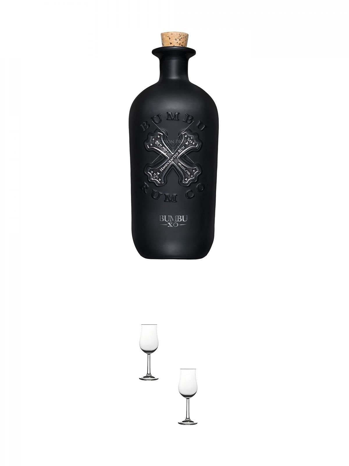 Bumbu - XO - Spirituose auf Rumbasis 35% (Schwarze Flasche) 0,7 Liter + Nosing Gläser Kelchglas Bugatti mit Eichstrich 2cl und 4cl - 2 Stück