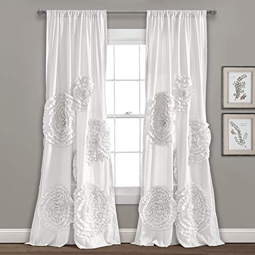 Lush Decor Serena Window Curtain Panel, Single Panel, 54" W x 95" L, White, Ruched Ruffled Flower Design