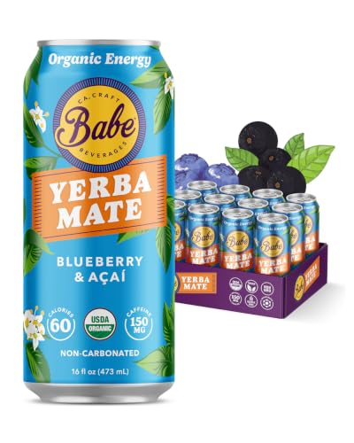 Babe Organic Yerba Mate Energy Drinks | 150mg Plant-Based Caffeine | Natural Yerba Mate Tea with No Crash, No Jitters - Blueberry Açaí (12 x 16oz Cans)
