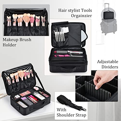Yueieoun 2-In-1 Professional Rolling Makeup Case, Makeup Organizer Trolley With Make Up Train Case, Soft Sided Cosmetology Travel Cases With 4 Drawers, Brush Holders, Black Nylon #TOP1