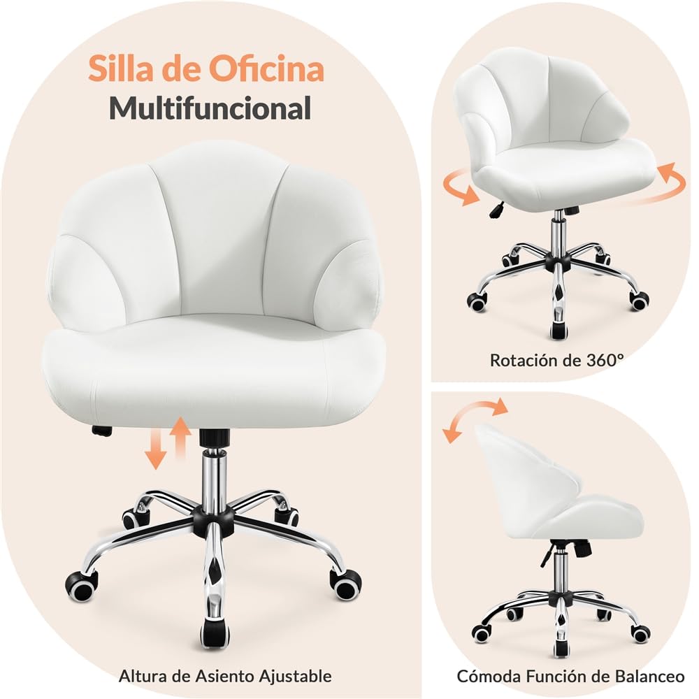 Yaheetech Silla de Oficina Despacho Terciopelo sin Reposabrazo Blanco | Silla de Oficina con Ruedas, Altura Ajustable, Capacidad Max de 136 KG, Silla Tapizada de Terciopelo, Diseño de Flores