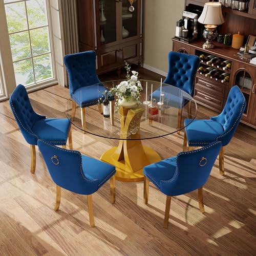Image of 7-Piece Dining Table Set with 47In Tempered Glass Table and 6 Velvet Upholstered Chairs, Modern Scandinavian Furniture for Dining Room Kitchen(Blue&Gold)