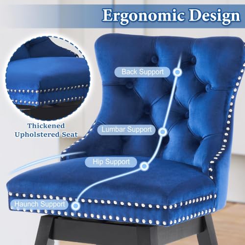 Image of Blue Swivel Bar Stools, Velvet Counter Height Bar Stools Set of 1 | 360 Swivel Bar Chairs, Solid Wood Legs, Upholstered Kitchen Island Stools, Modern Extra Wide Seat (Blue, 26 inch H, 1 Pack)
