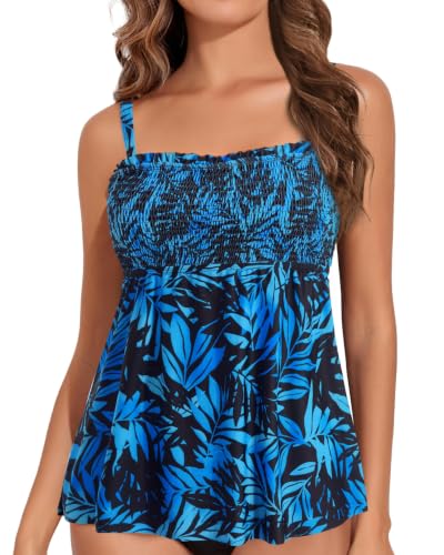 Image of Womens Tankini Swim Tops Bandeau Bathing Suit Top No Bottom | Removable Straps and Pads, Tummy Control Flowy Design