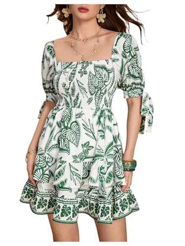 Image of Floerns Women's Floral Print Puff Sleeve Square Neck Tiered Layer Shirred Dresses