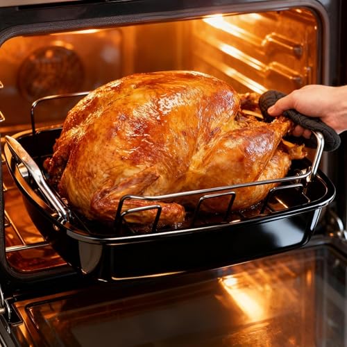 Large Nonstick Roasting Pan Kit with Rack (17x13 Inch) - Includes Baster, Pastry Brush & Twine for Turkey, Chicken, Ham - Even Heating, Easy Clean, Dark Grey by PinAmigos - Image 8