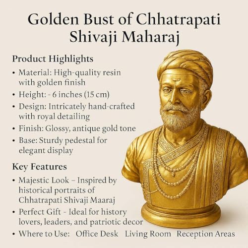 Image of Resin Chhatrapati Shivaji Maharaj Statue Perfect for Home Decor /Office Decorative /Shivaji Maharaj Figurine for Table Top Decoration /Antique Gift Ideas /Car Dashboard Decor-Pack of 1(Golden)