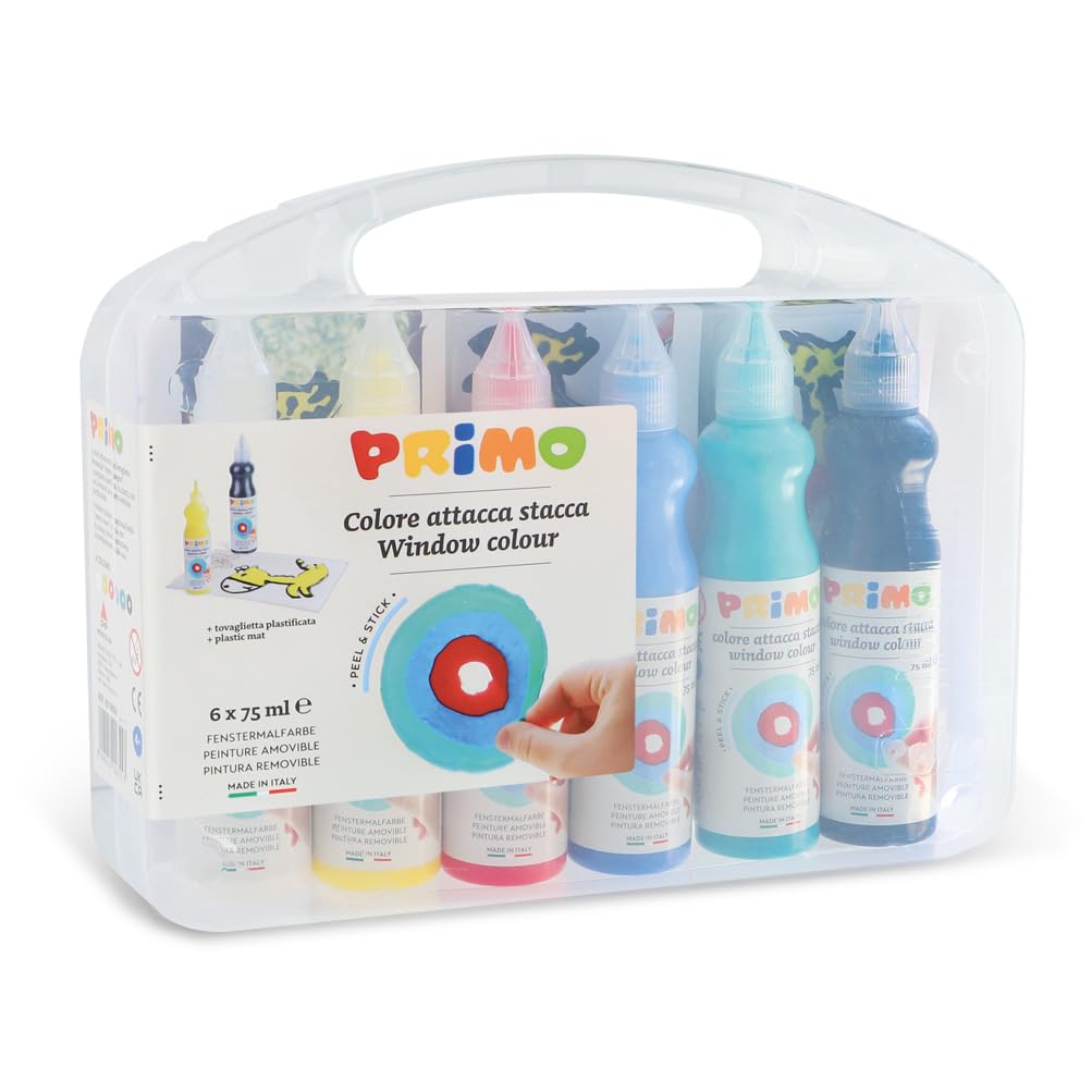 PRIMO Morocolor, Color de ventana, 6 colores gouache para crear formas reposicionables, Tempera para pintar, adherir y despegar adecuados, Colores intensos, vívidos y permanentes, Cumple y seguro