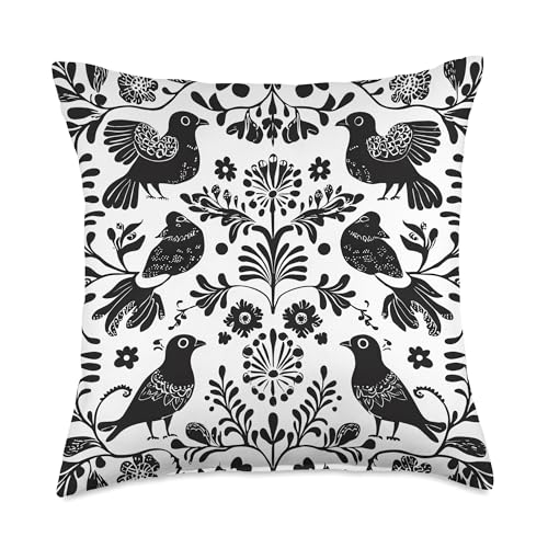 Black and White Floral Pattern with Birds, Decorative Design Throw
