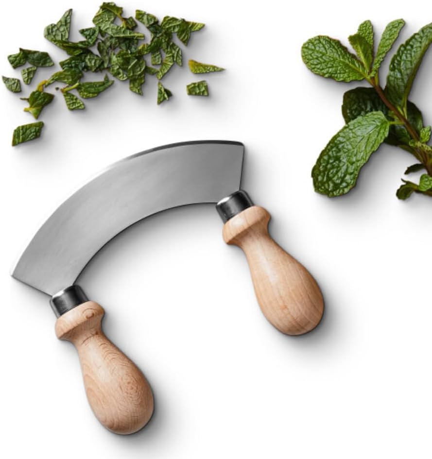 Classic Cuisine 5.6” Stainless Steel Mezzaluna Knife – Salad Chopper, Pizza Cutter Rocker Blade, or Slicer Vegetable Cutter – Curved Mincing and Chopping Knife with Double Handles Classic Cuisine 5.6” Stainless Steel Mezzaluna Knife – Salad Chopper, Pizza Cutter Rocker Blade, or Slicer Vegetable Cutter – Curved Mincing and Chopping Knife with Double Handles