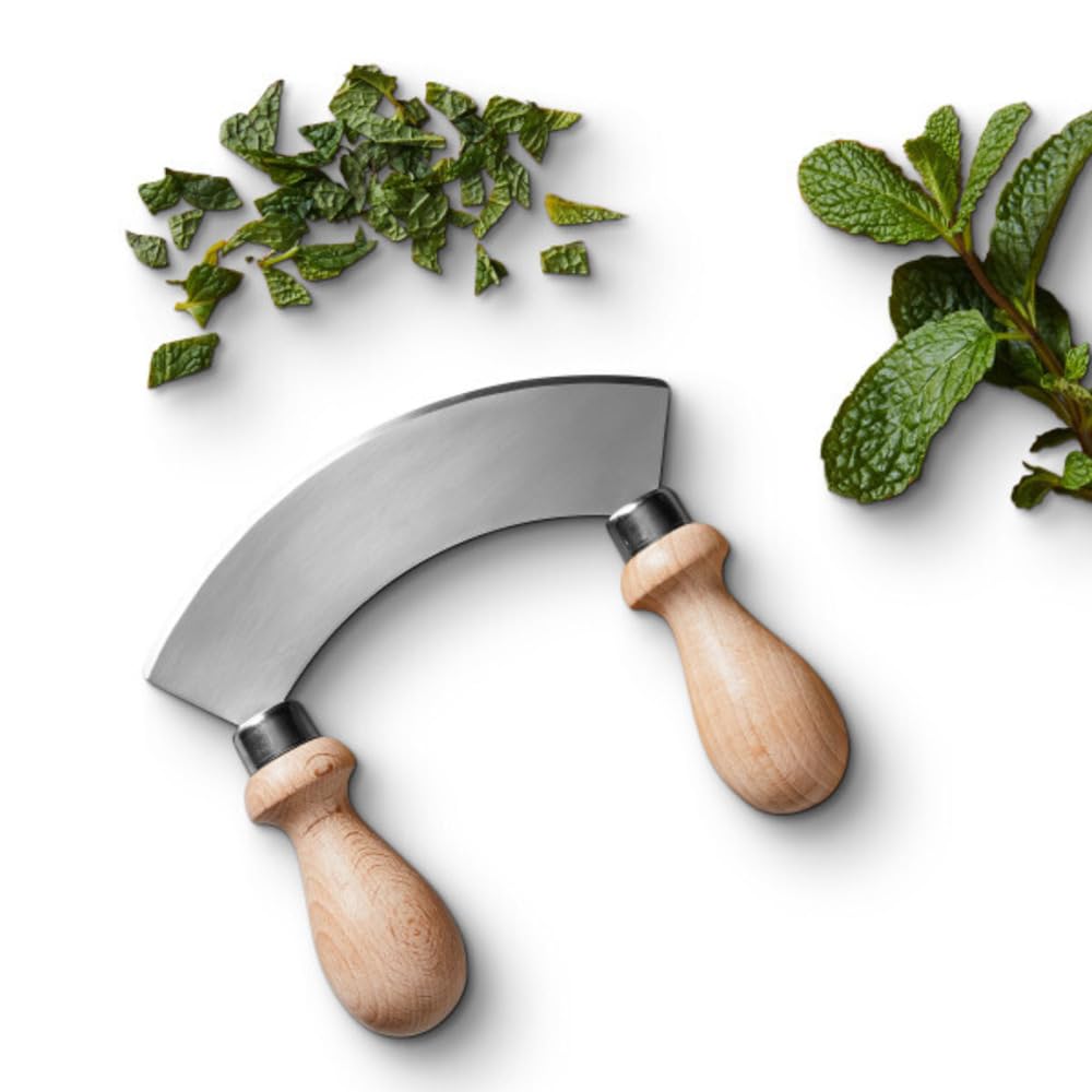 Classic Cuisine 5.6” Stainless Steel Mezzaluna Knife - Salad Chopper, Pizza Cutter Rocker Blade, or Slicer Vegetable Cutter - Curved Mincing and Chopping Knife with Double Handles
