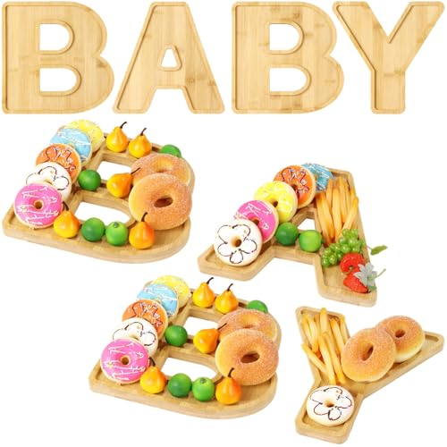 Toyoget 4 charcuterías de madera para baby shower, bandejas para servir cartas de bebé, tablero de madera de bambú, bandeja decorativa rellenable para servir aperitivos para baby showers, revelación