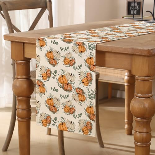 AwzyGous Camino de Mesa Otoño 33x183 cm Hojas De Naranja Calabazas Hojas de Arce Eucalipto Decoración Otoño Tapete Mesa Lavable Camino De Mesa para Mesa De Comedor, Decoración De Fiesta en Interiores