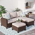 SUNSHINE VALLEY Patio Conversation Set Outdoor Furniture Brown Wicker Rattan Sets with Cushion Sectional Furniture,3 Pieces 5 Seats,Beige
