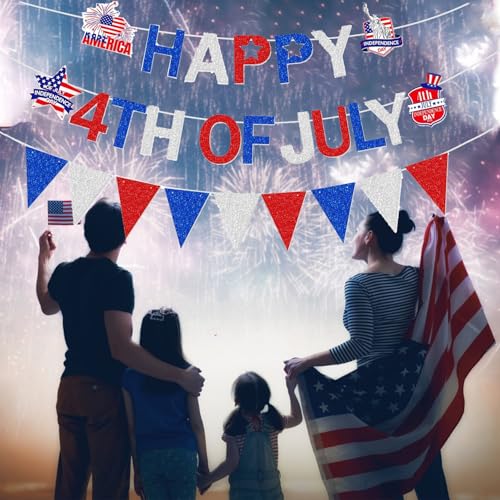 Image of Pre-Strung Happy 4th of July Banner Decorations, Patriotic Happy Fourth of July Blue Red Withe Garland Sign for Independence Day Memorial Day 250 Anniversary Party Celebration Home Office Mantel