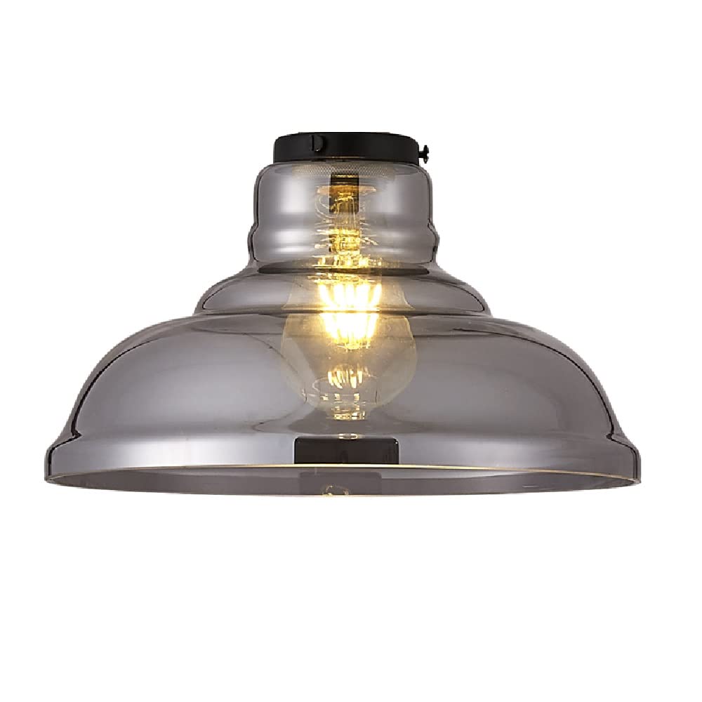 Britalia Smoked Glass Smoked Shallow Dome Glass Vintage Easy Fit Pendant Light Shade | 28Cm Diameter | Black Metal Top Cap | None Electric Retro Ceiling Light | Fits E27 Es Lampholders