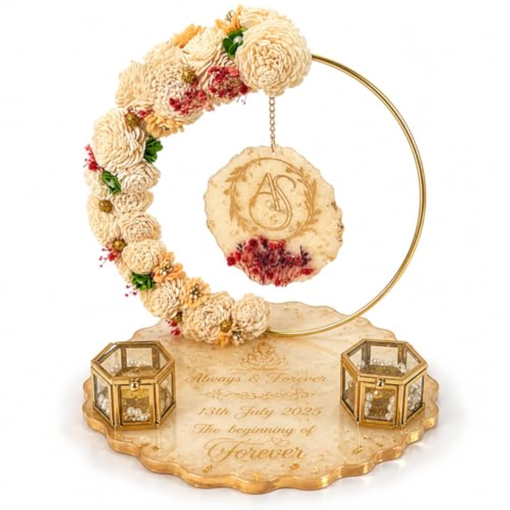 Personalized Floral Hoop Engagement Ring Tray with Custom Name & Date