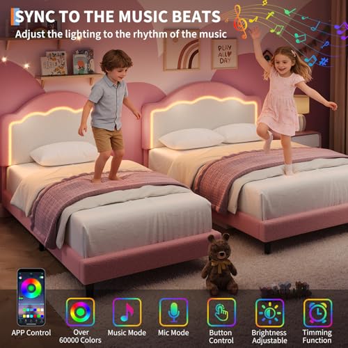 Image of GarveeHome Bed Frame with LED Headboard for Kids, Sherpa Upholstered Platform Bed Frame with Wood Slat Support, No Box Spring Required, Easy to Assemble (Pink, Twin)