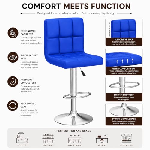 Image of Kemon KaiMeng Modern Adjustable Swivel Bar Stool Chair with Backrest, PU Leather Hydraulic Counter Stool with Footrest for Kitchen Island, Cafe & Home Bar, Blue, Square Tufted Back Stool