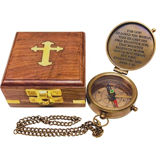 Brújula de latón grabada con caja de madera con versículo bíblico de Juan 3:16 y cruz con oración religiosa, fe, regalo inspirador de cumpleaños miniatura 3