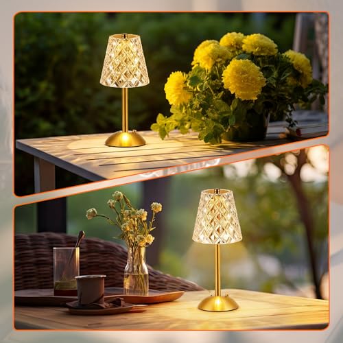 Image of Liliful 2 Pcs Cordless Table Lamp Rechargeable Touch LED Small Gold Portable Battery Operated USB-c Desk Lamp 3 Color Dimmable for Bedroom Living Room Dining (Gold,Diamond Style)