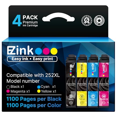 E-Z Ink Remanufactured Ink Cartridge Replacement for 252XL Combo Pack for Epson Printer Workforce WF-7110 WF-7720 WF-7710 WF-3620 WF-3640 (1 Large Black, 1 Cyan, 1 Magenta, 1 Yellow) 4 Pack