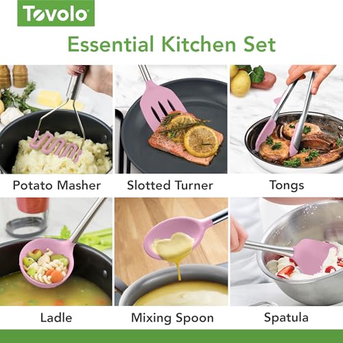 Image of Tovolo Silicone Cooking Utensil Set of 6 Pink Sorbet Ladle Slotted Turner Tongs Flex Core Spatula Scraper Mixing Spoon and Potato Masher, Dishwasher Safe BPA Free Silicone Kitchen Utensils