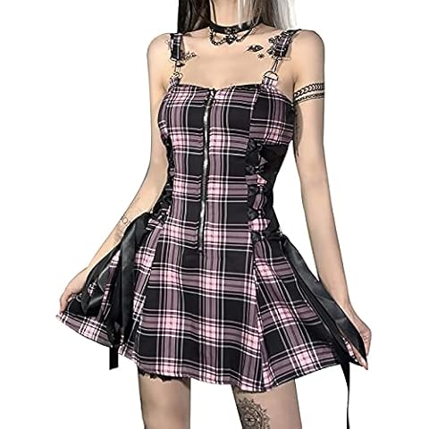 DINGJIUYAN High Waisted Gothic Plaid Fashion Women's Dress Summer Lace Bandage Sexy Punk Casual Vintage Short Dresses Pink Cover