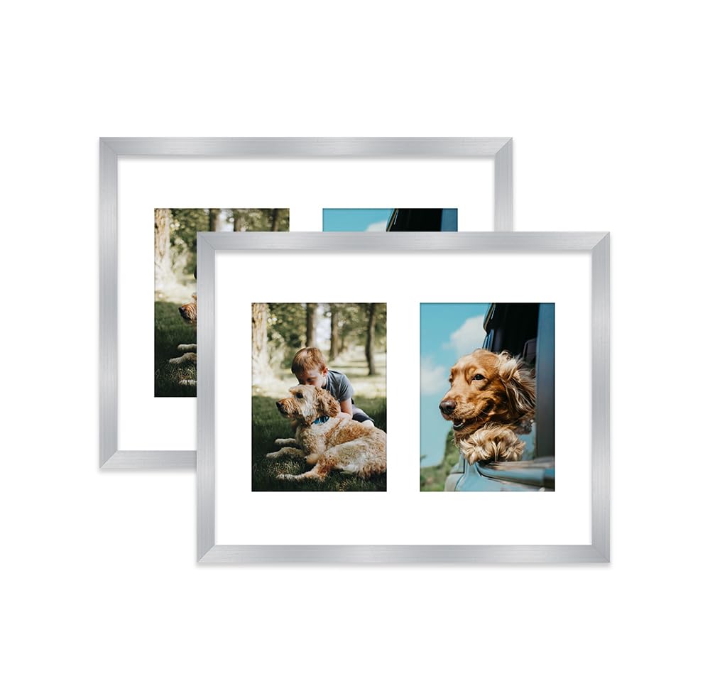 Silver Multi Photo Frame - Holds 2 x 7x5 Pictures, Family Collage Picture Frame for Wall Display, 14x11 Frame size, Set of 2