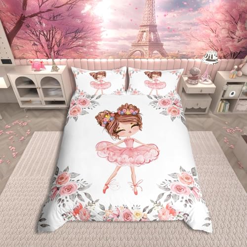 Homewish Housse de Couette 220x240 Fille Fleurie Rose Parure de Lit Enfant Thème Ballet pour Ados Femmes, Couvre Lit Danseuse Mignonne Ensemble Housse de Couette...
