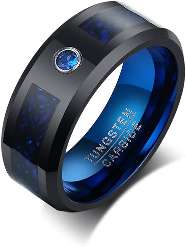 MZZJ Customize Tungsten Couple Matching Rings for Him and Her Sets 8MM Polish 2 Tone Tungsten Carbide CZ Celtic Dragon Blue/Green Carbon Fiber Inlay Bevel Edges Rings Engagement Wedding Band,Size 6-12