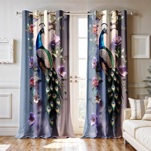 Image of Ultimate Trends Room Darkening Digital Printed Peacock Prints Curtain 65-70% Opacity,Diamond Eyelets, Tie Back, 6 FEET Pack of 2,Slate Blue