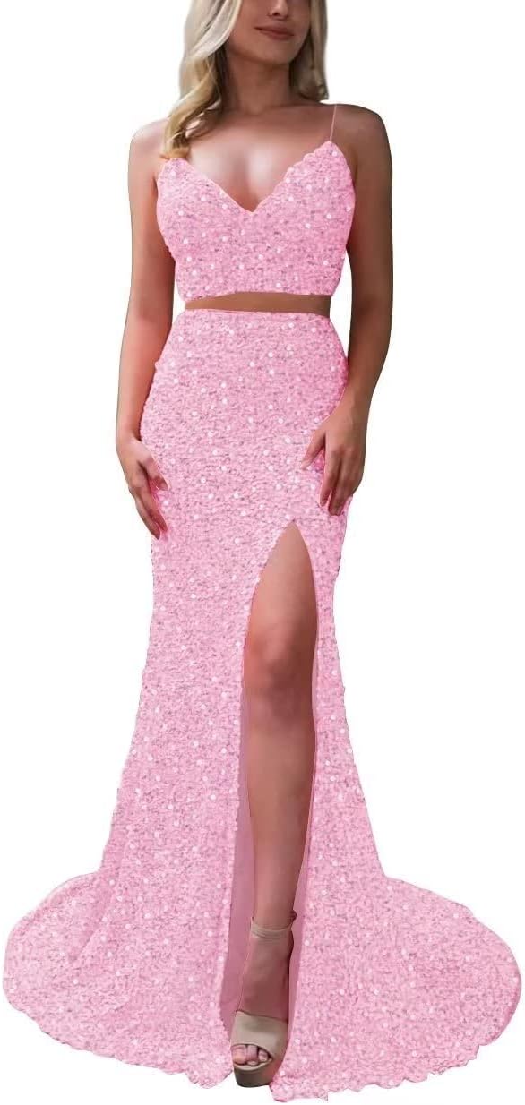 Two Piece Prom Dress Sparkly V-Neck Mermaid Sequin Bridesmaid Dress for Women Long Formal Evening Gowns with Slit TS063