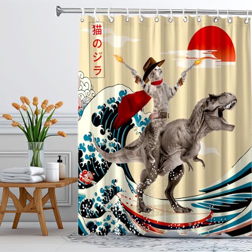 Image of Funny Cute Cat Shower Curtain, Japan Cat Dinosaur Surfing Ocean Sea Wave Fabric Shower Curtains Set, Japanese Art Shower Curtains with Hooks, Kids Bathroom Decor 72x72inch
